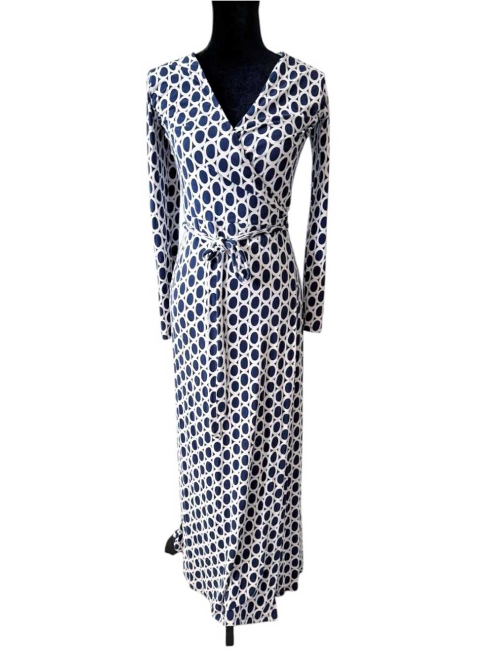 Boden Long Dress Wrap Bodice Size 10R, Long sleeve circles print